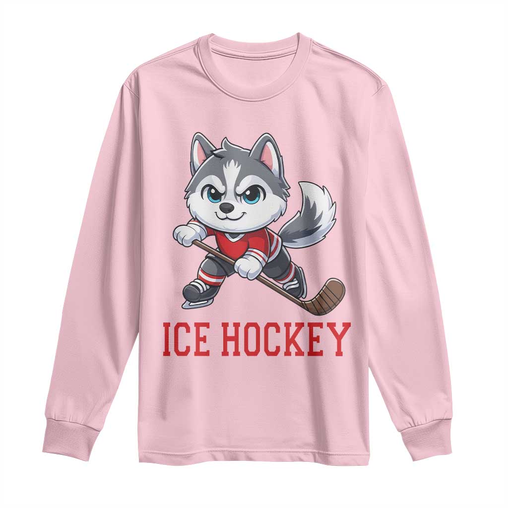 Funny Husky Playing Ice Hockey Long Sleeve Shirt Gift For Dog Lovers TS12 Light Pink Print Your Wear