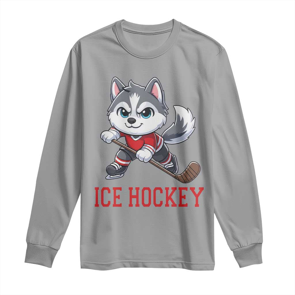 Funny Husky Playing Ice Hockey Long Sleeve Shirt Gift For Dog Lovers TS12 Sport Gray Print Your Wear