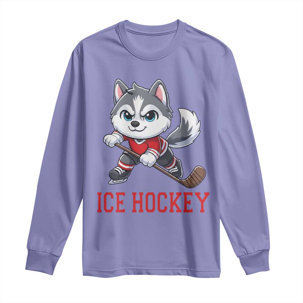 Funny Husky Playing Ice Hockey Long Sleeve Shirt Gift For Dog Lovers TS12 Violet Print Your Wear