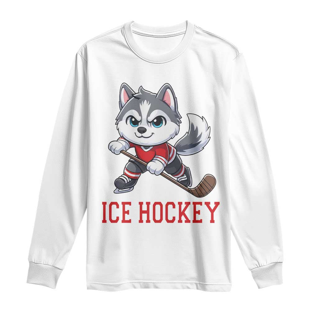 Funny Husky Playing Ice Hockey Long Sleeve Shirt Gift For Dog Lovers TS12 White Print Your Wear