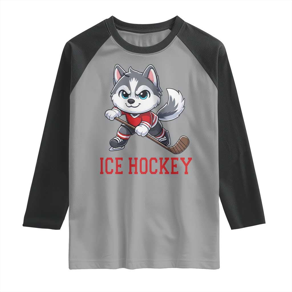 Funny Husky Playing Ice Hockey Raglan Shirt Gift For Dog Lovers TS12 Sport Gray Black Print Your Wear