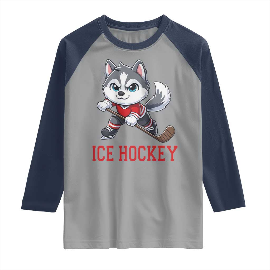 Funny Husky Playing Ice Hockey Raglan Shirt Gift For Dog Lovers TS12 Sport Gray Navy Print Your Wear
