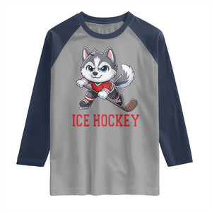 Funny Husky Playing Ice Hockey Raglan Shirt Gift For Dog Lovers TS12 Sport Gray Navy Print Your Wear