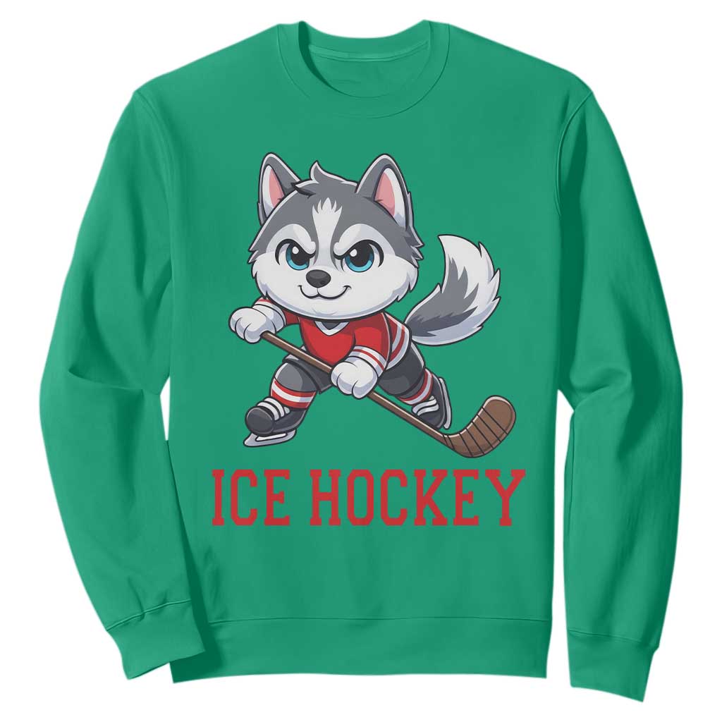 Funny Husky Playing Ice Hockey Sweatshirt Gift For Dog Lovers TS12 Irish Green Print Your Wear