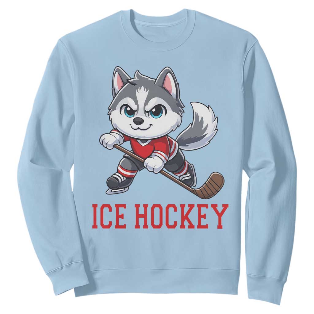 Funny Husky Playing Ice Hockey Sweatshirt Gift For Dog Lovers TS12 Light Blue Print Your Wear