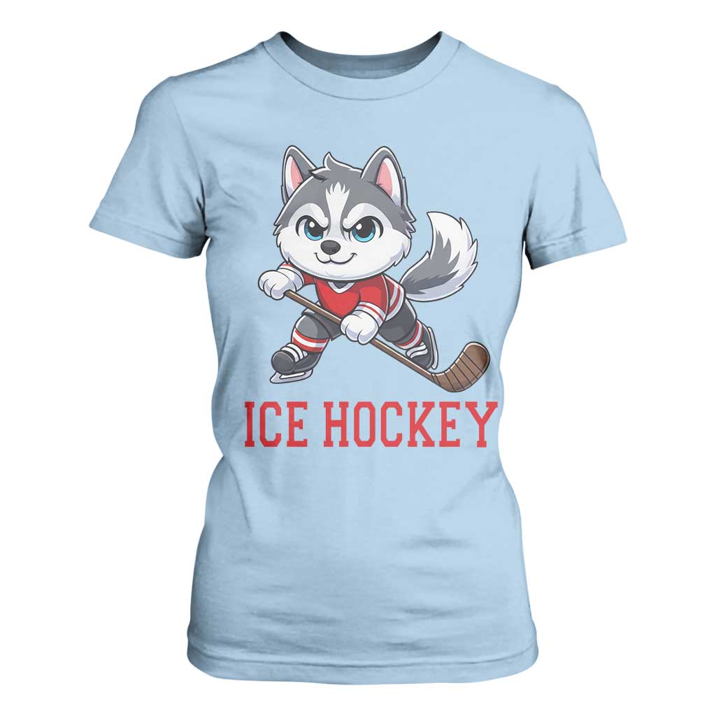 Funny Husky Playing Ice Hockey T Shirt For Women Gift For Dog Lovers TS12 Light Blue Print Your Wear
