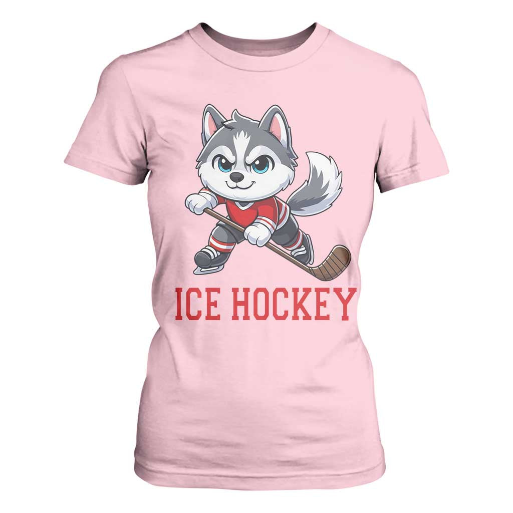 Funny Husky Playing Ice Hockey T Shirt For Women Gift For Dog Lovers TS12 Light Pink Print Your Wear