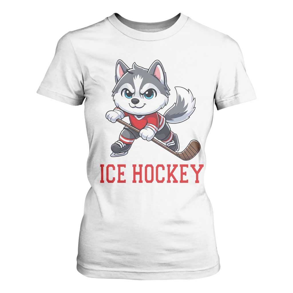 Funny Husky Playing Ice Hockey T Shirt For Women Gift For Dog Lovers TS12 White Print Your Wear