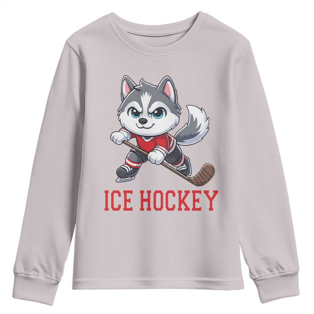 Funny Husky Playing Ice Hockey Youth Sweatshirt Gift For Dog Lovers TS12 Ice Gray Print Your Wear
