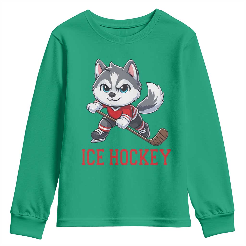 Funny Husky Playing Ice Hockey Youth Sweatshirt Gift For Dog Lovers TS12 Irish Green Print Your Wear