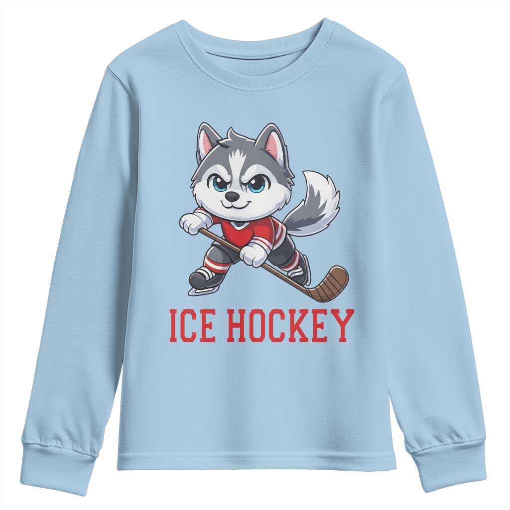 Funny Husky Playing Ice Hockey Youth Sweatshirt Gift For Dog Lovers TS12 Light Blue Print Your Wear