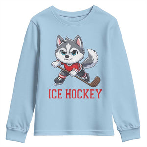 Funny Husky Playing Ice Hockey Youth Sweatshirt Gift For Dog Lovers TS12 Light Blue Print Your Wear