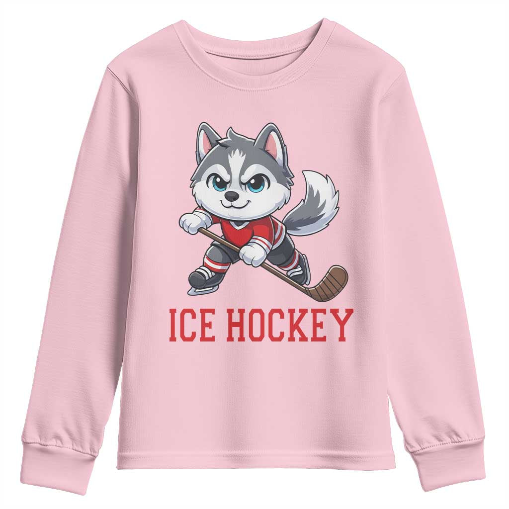 Funny Husky Playing Ice Hockey Youth Sweatshirt Gift For Dog Lovers TS12 Light Pink Print Your Wear