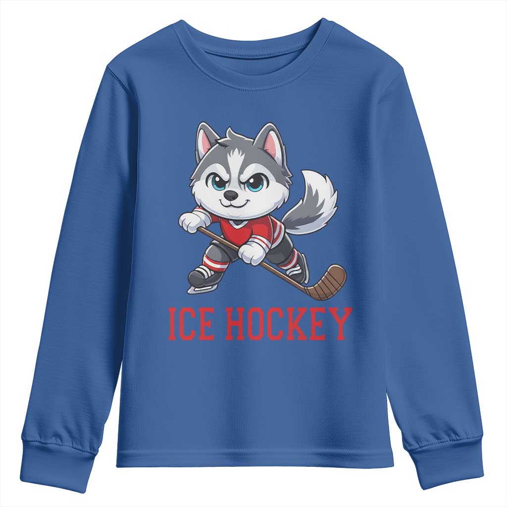 Funny Husky Playing Ice Hockey Youth Sweatshirt Gift For Dog Lovers TS12 Royal Blue Print Your Wear