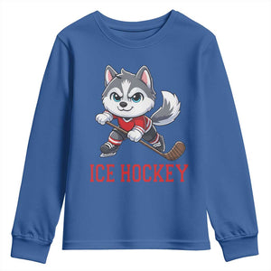 Funny Husky Playing Ice Hockey Youth Sweatshirt Gift For Dog Lovers TS12 Royal Blue Print Your Wear