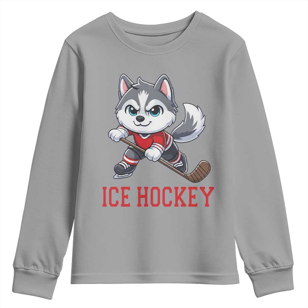 Funny Husky Playing Ice Hockey Youth Sweatshirt Gift For Dog Lovers TS12 Sport Gray Print Your Wear