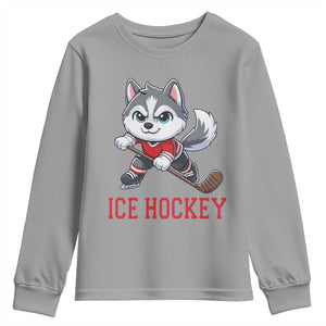 Funny Husky Playing Ice Hockey Youth Sweatshirt Gift For Dog Lovers TS12 Sport Gray Print Your Wear