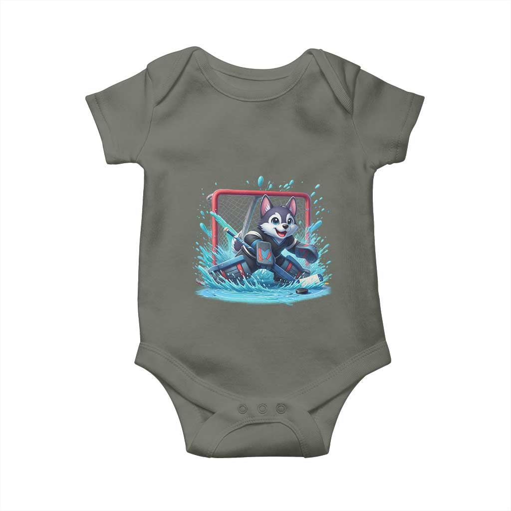 Siberian Husky Ice Hockey Player Baby Onesie Funny Goalie Gift TS12 Military Green Print Your Wear