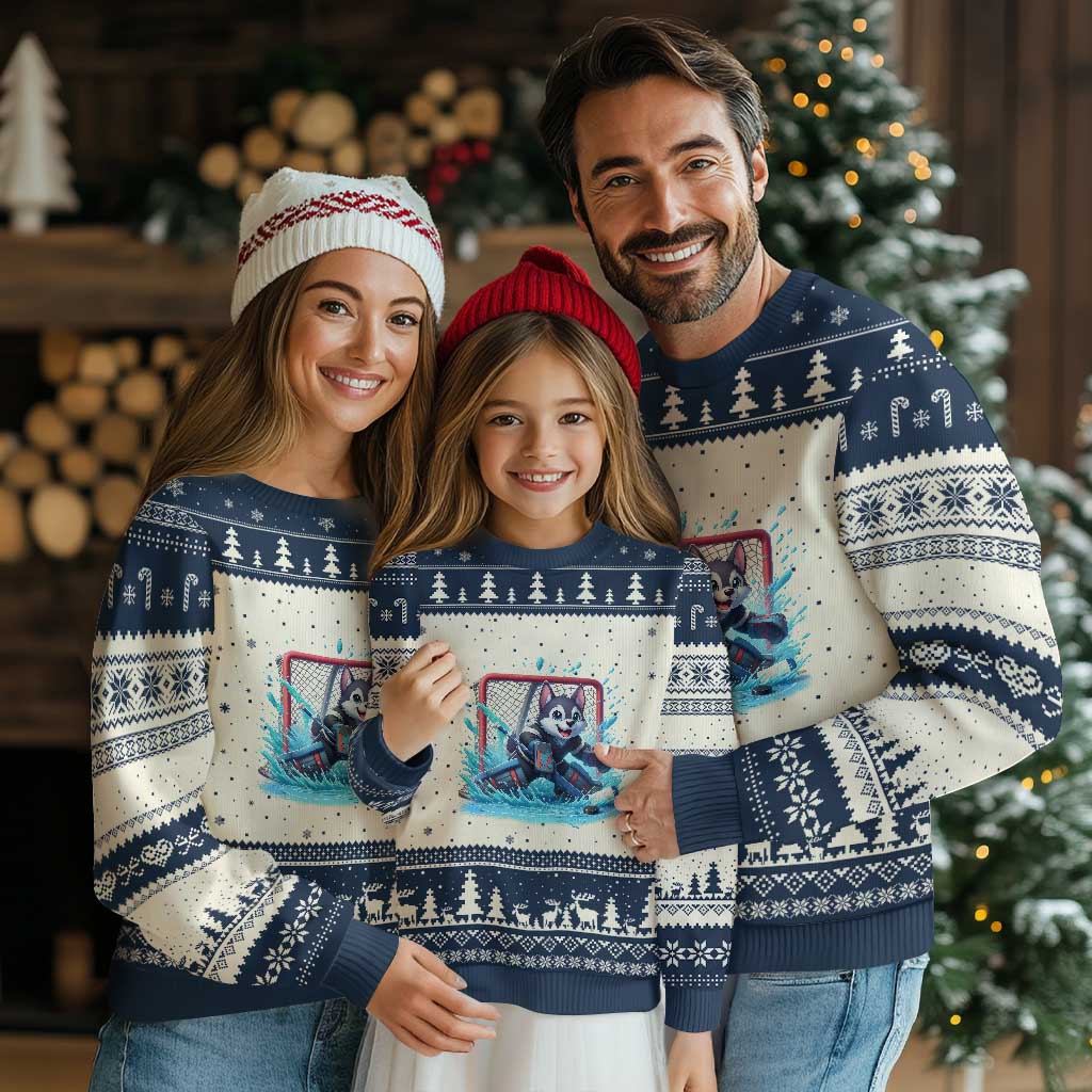 Siberian Husky Ice Hockey Player Ugly Christmas Sweater Funny Goalie Gift TS12 Beige Navy Print Your Wear