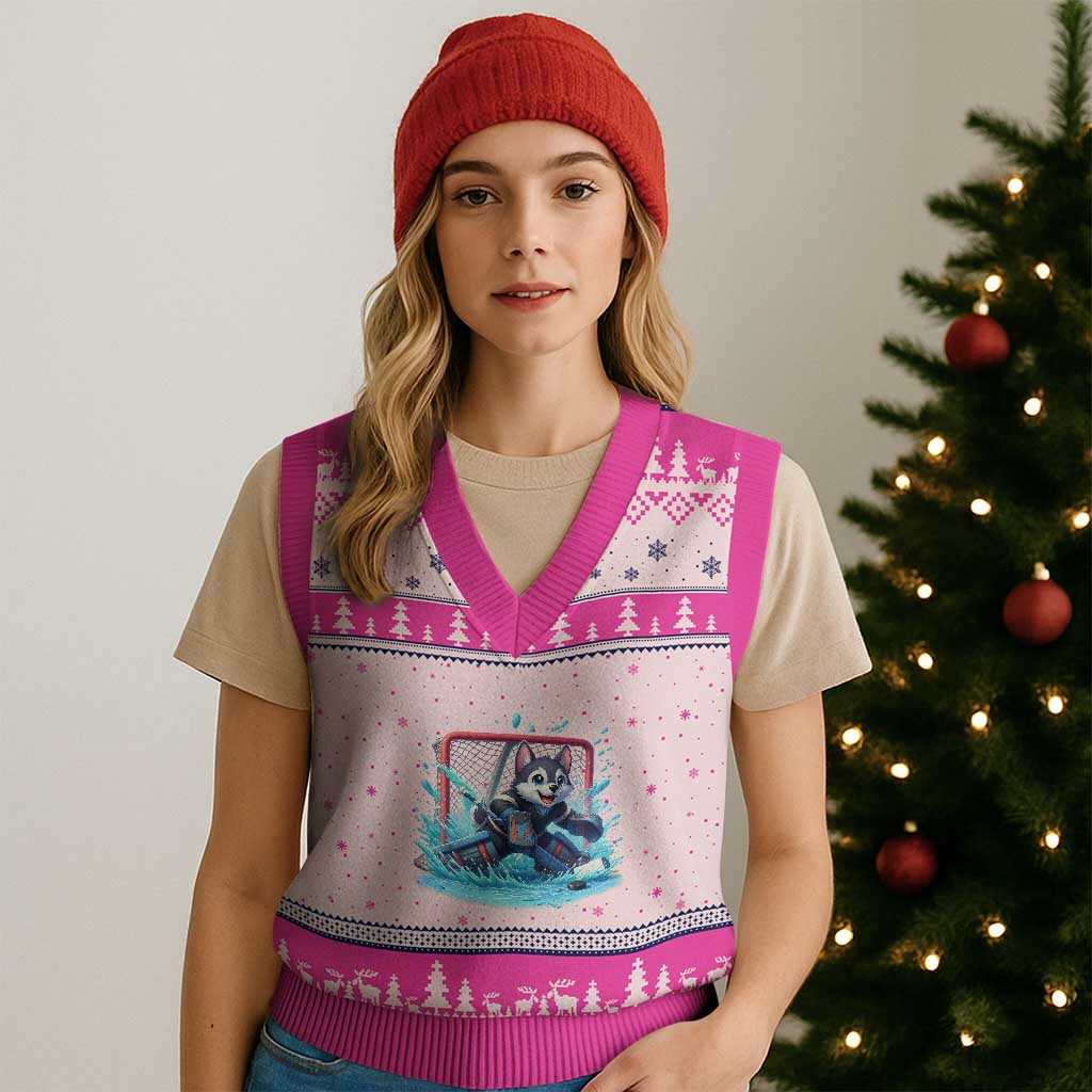 Siberian Husky Ice Hockey Player V-Neck Knit Sweater Vest Funny Goalie Gift TS12 Hot Pink Print Your Wear
