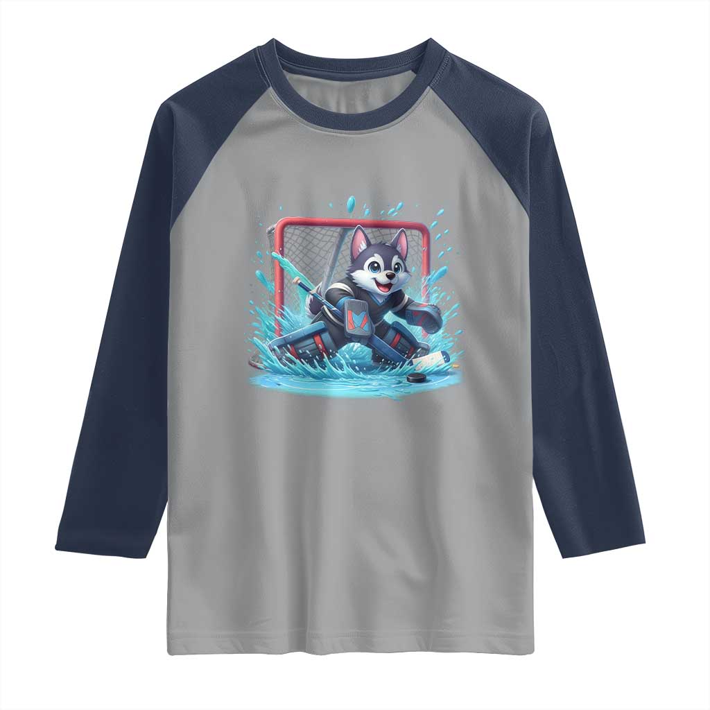 Siberian Husky Ice Hockey Player Raglan Shirt Funny Goalie Gift TS12 Sport Gray Navy Print Your Wear
