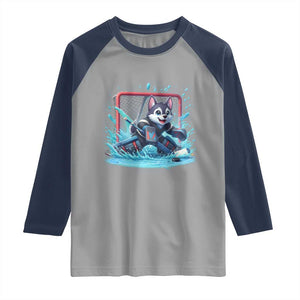 Siberian Husky Ice Hockey Player Raglan Shirt Funny Goalie Gift TS12 Sport Gray Navy Print Your Wear