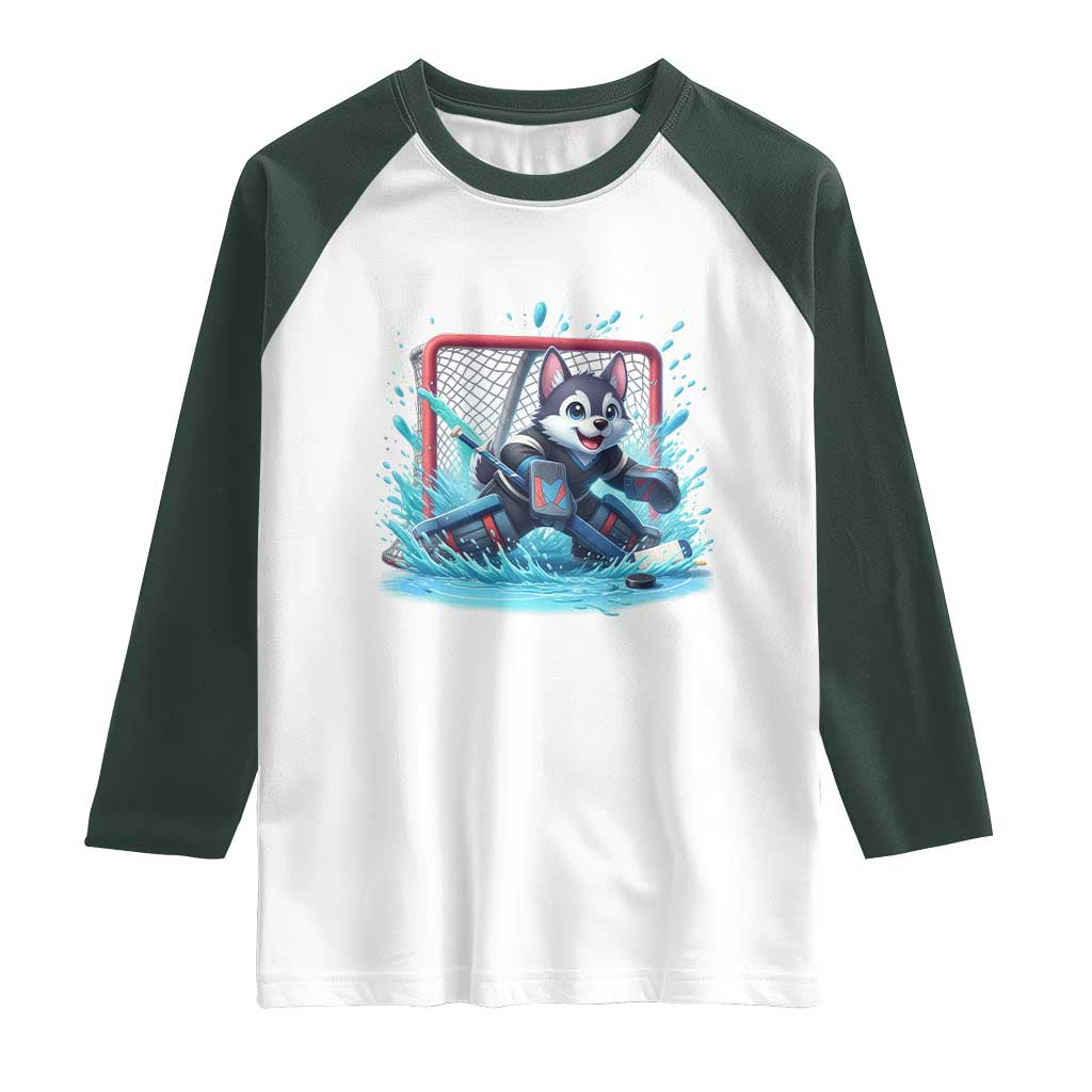 Siberian Husky Ice Hockey Player Raglan Shirt Funny Goalie Gift TS12 White Dark Forest Green Print Your Wear