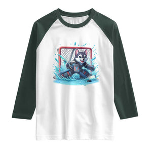 Siberian Husky Ice Hockey Player Raglan Shirt Funny Goalie Gift TS12 White Dark Forest Green Print Your Wear