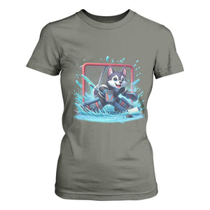 Siberian Husky Ice Hockey Player T Shirt For Women Funny Goalie Gift TS12 Military Green Print Your Wear