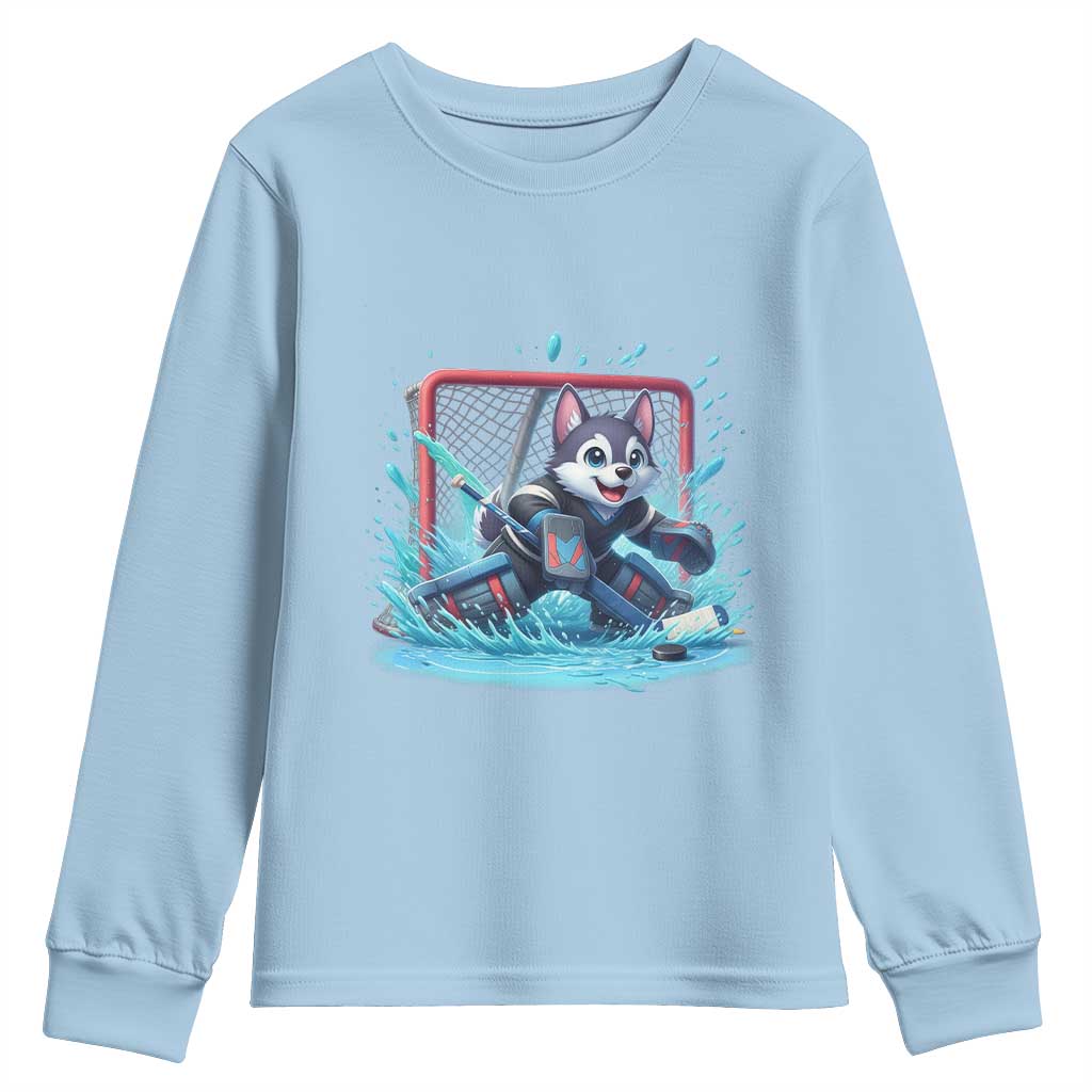 Siberian Husky Ice Hockey Player Youth Sweatshirt Funny Goalie Gift TS12 Light Blue Print Your Wear