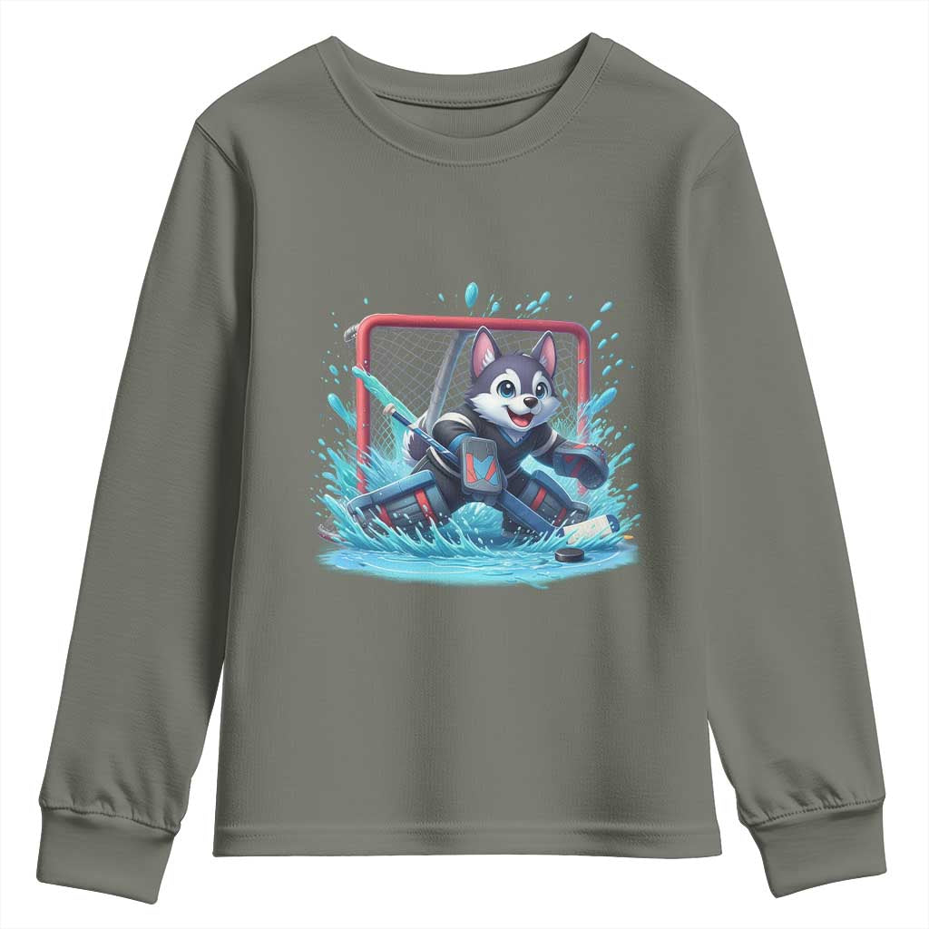 Siberian Husky Ice Hockey Player Youth Sweatshirt Funny Goalie Gift TS12 Military Green Print Your Wear