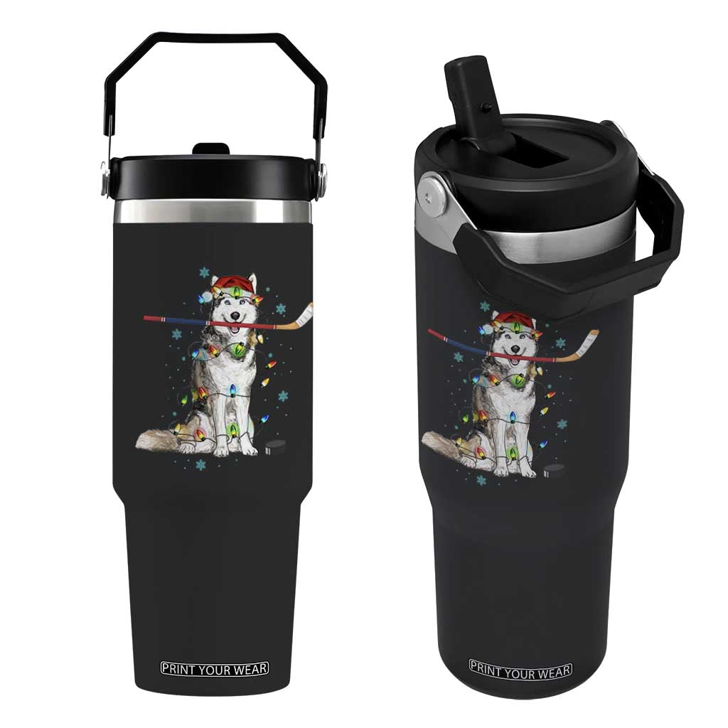 Funny Christmas Husky Ice Hockey Player Holiday Gift Flip Straw Tumbler TS12 One Size: 30 oz Black Print Your Wear
