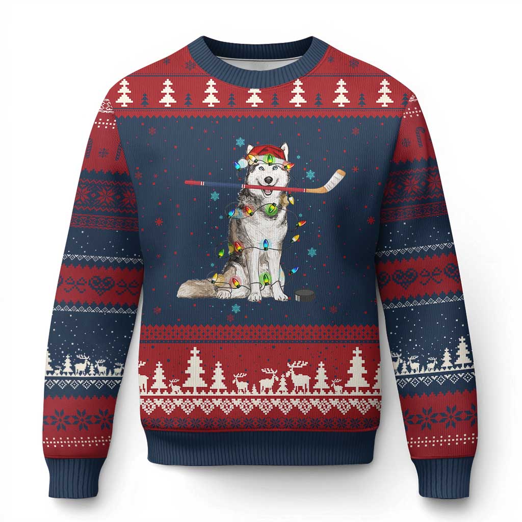 Funny Xmas Husky Ice Hockey Player Holiday Gift Ugly Christmas Sweater TS12 Navy Red Print Your Wear