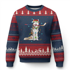 Funny Xmas Husky Ice Hockey Player Holiday Gift Ugly Christmas Sweater TS12 Navy Red Print Your Wear
