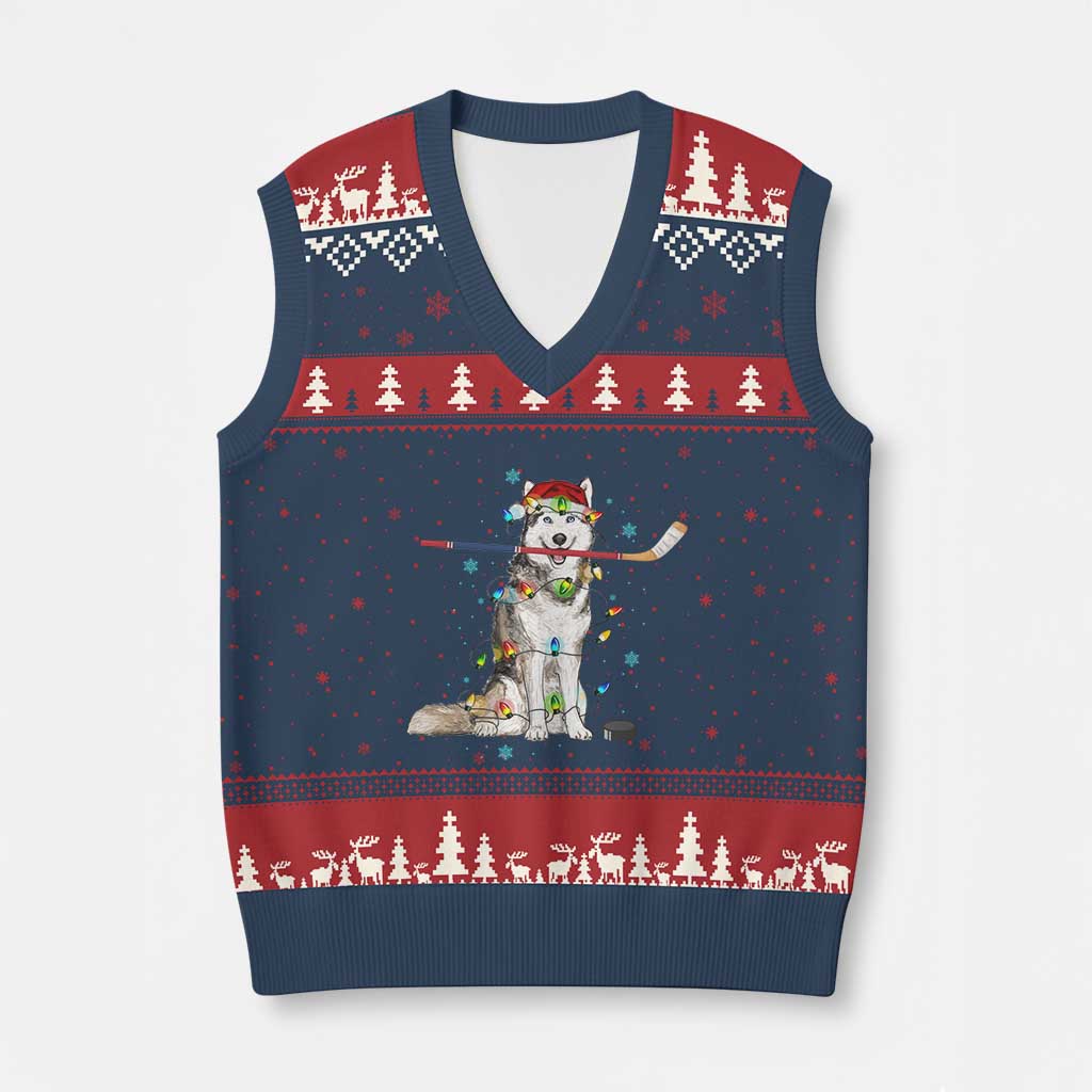 Funny Xmas Husky Ice Hockey Player Holiday Gift V-Neck Knit Sweater Vest TS12 Navy Red Print Your Wear