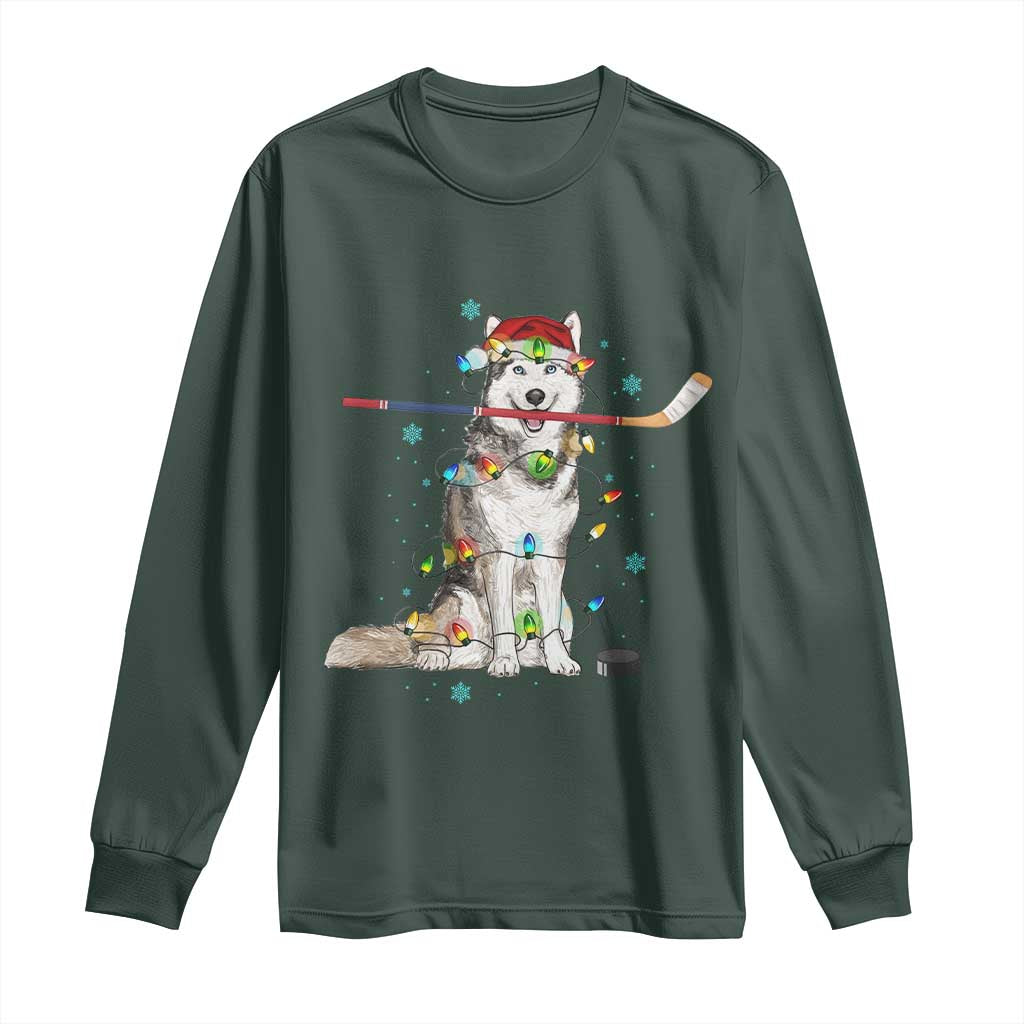 Funny Christmas Husky Ice Hockey Player Holiday Gift Long Sleeve Shirt TS12 Dark Forest Green Print Your Wear