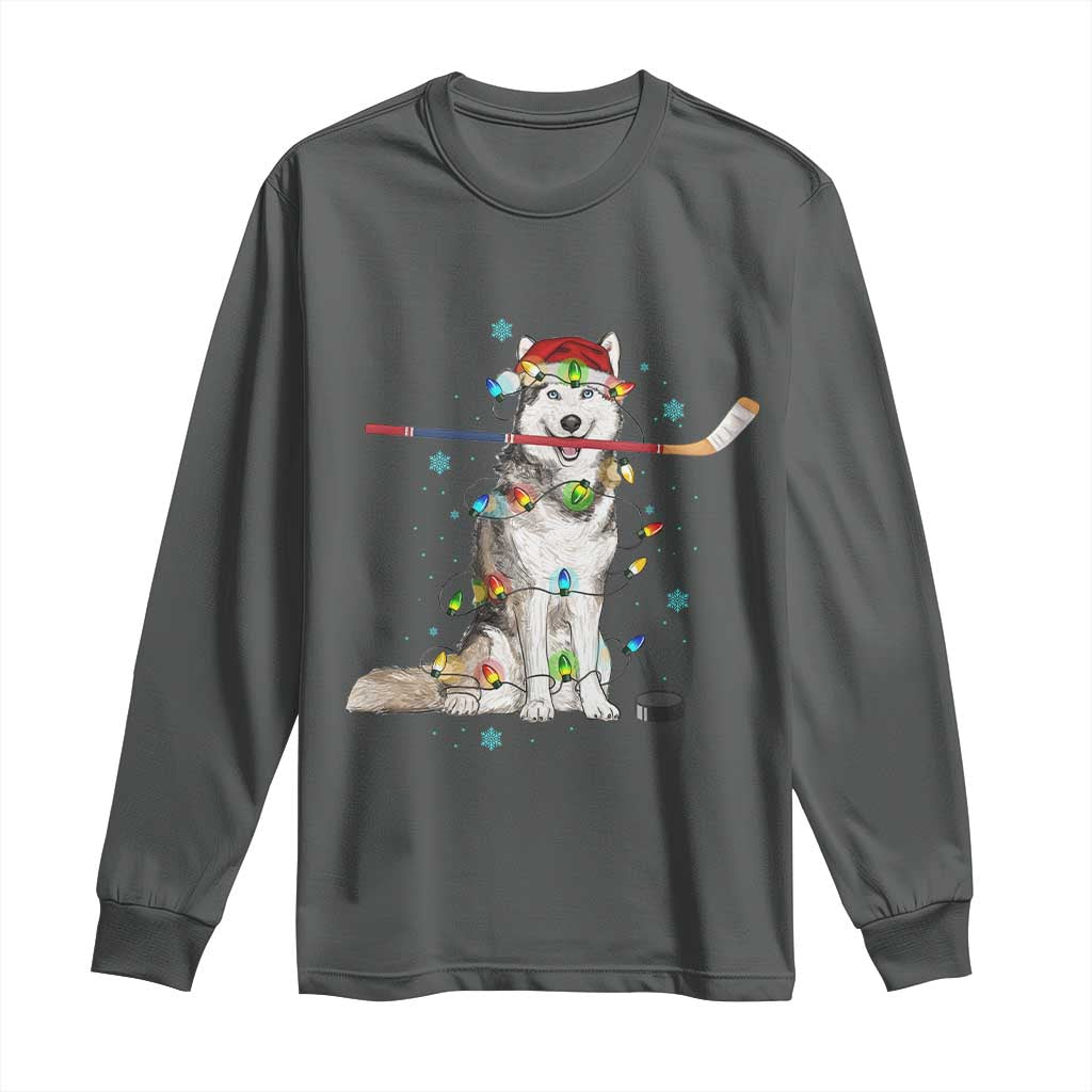Funny Christmas Husky Ice Hockey Player Holiday Gift Long Sleeve Shirt TS12 Dark Heather Print Your Wear