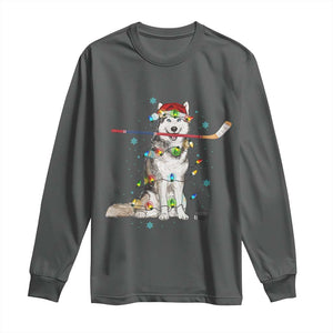 Funny Christmas Husky Ice Hockey Player Holiday Gift Long Sleeve Shirt TS12 Dark Heather Print Your Wear