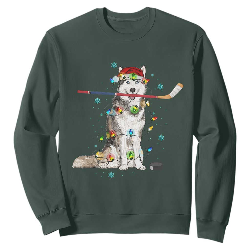 Funny Christmas Husky Ice Hockey Player Holiday Gift Sweatshirt TS12 Dark Forest Green Print Your Wear