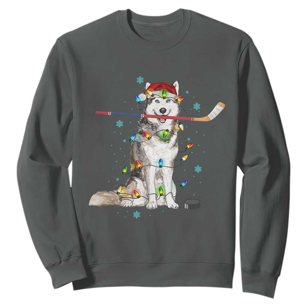 Funny Christmas Husky Ice Hockey Player Holiday Gift Sweatshirt TS12 Dark Heather Print Your Wear