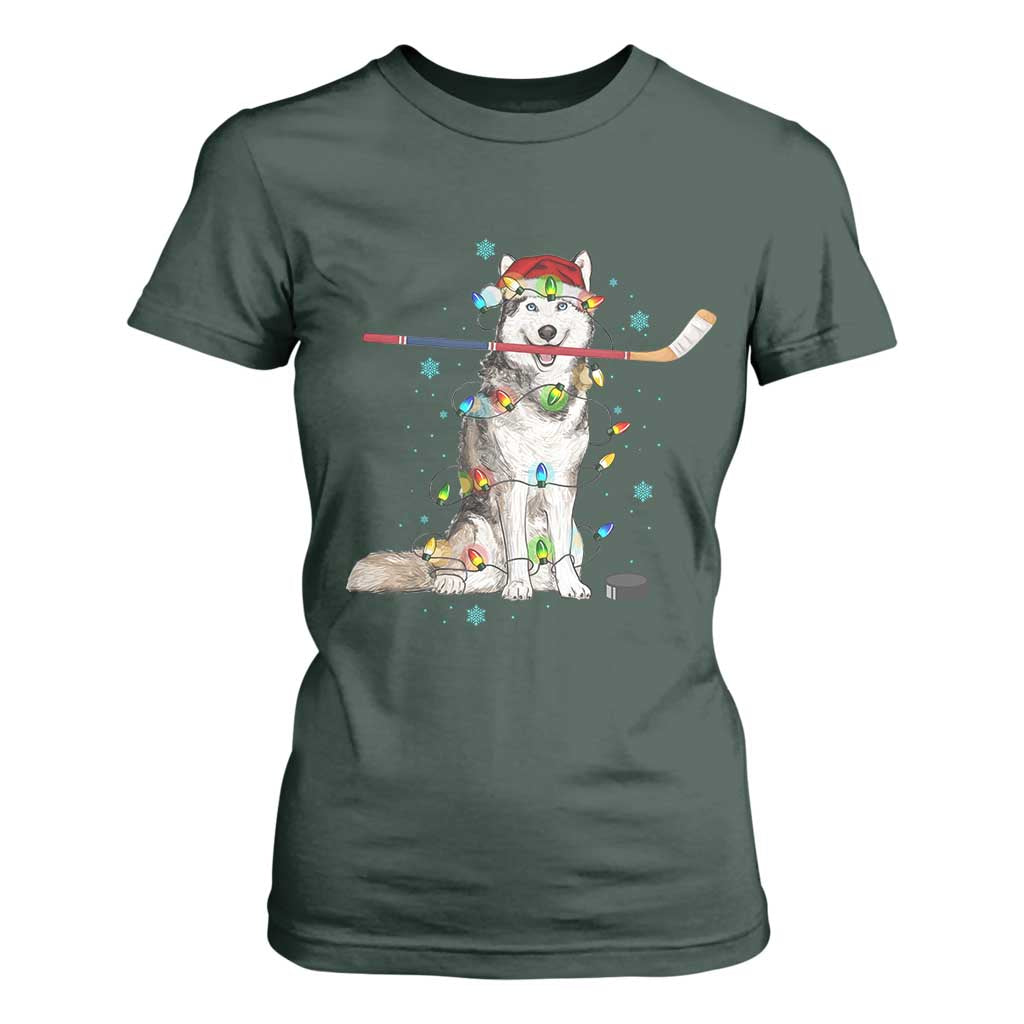 Funny Christmas Husky Ice Hockey Player Holiday Gift T Shirt For Women TS12 Dark Forest Green Print Your Wear