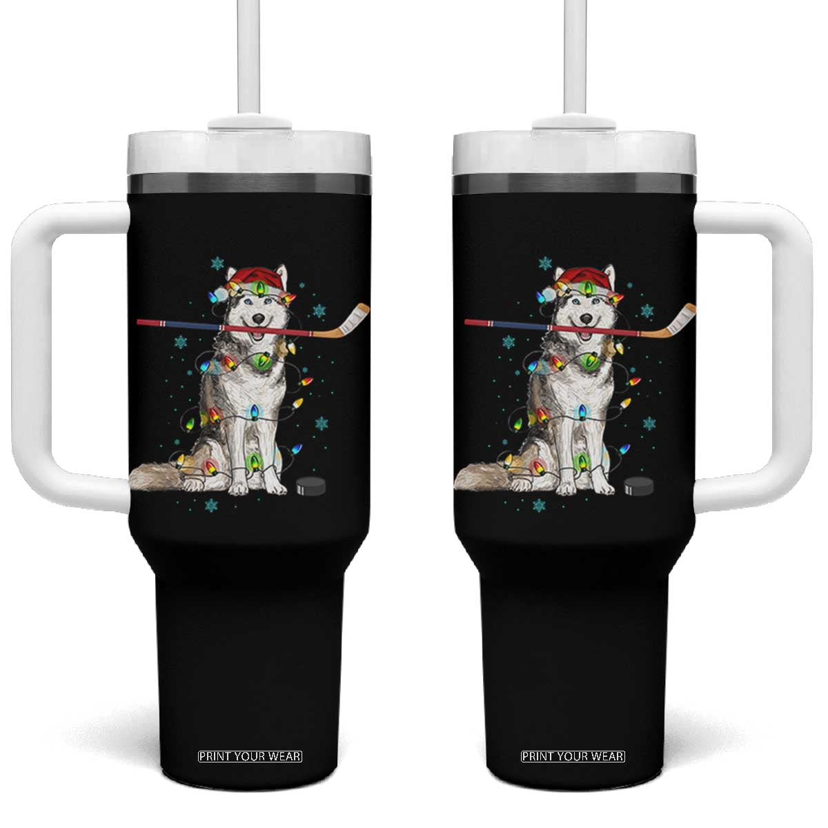 Funny Christmas Husky Ice Hockey Player Holiday Gift Tumbler With Handle TS12 One Size: 40 oz Black Print Your Wear
