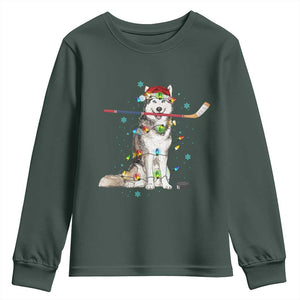Funny Christmas Husky Ice Hockey Player Holiday Gift Youth Sweatshirt TS12 Dark Forest Green Print Your Wear