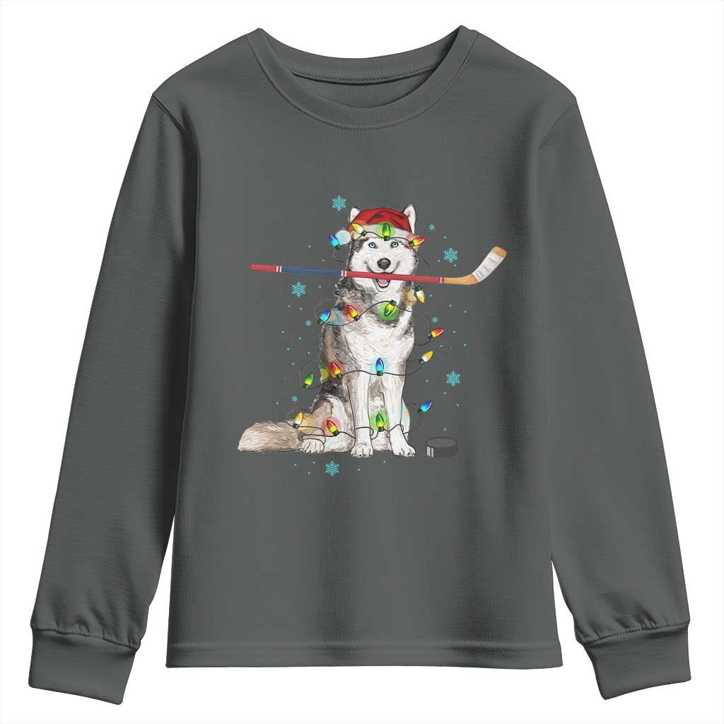 Funny Christmas Husky Ice Hockey Player Holiday Gift Youth Sweatshirt TS12 Dark Heather Print Your Wear