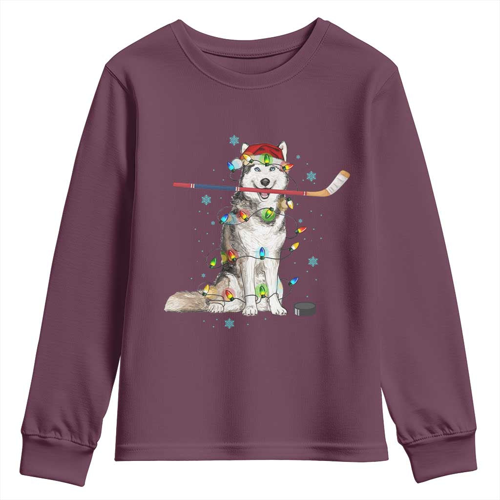 Funny Christmas Husky Ice Hockey Player Holiday Gift Youth Sweatshirt TS12 Maroon Print Your Wear
