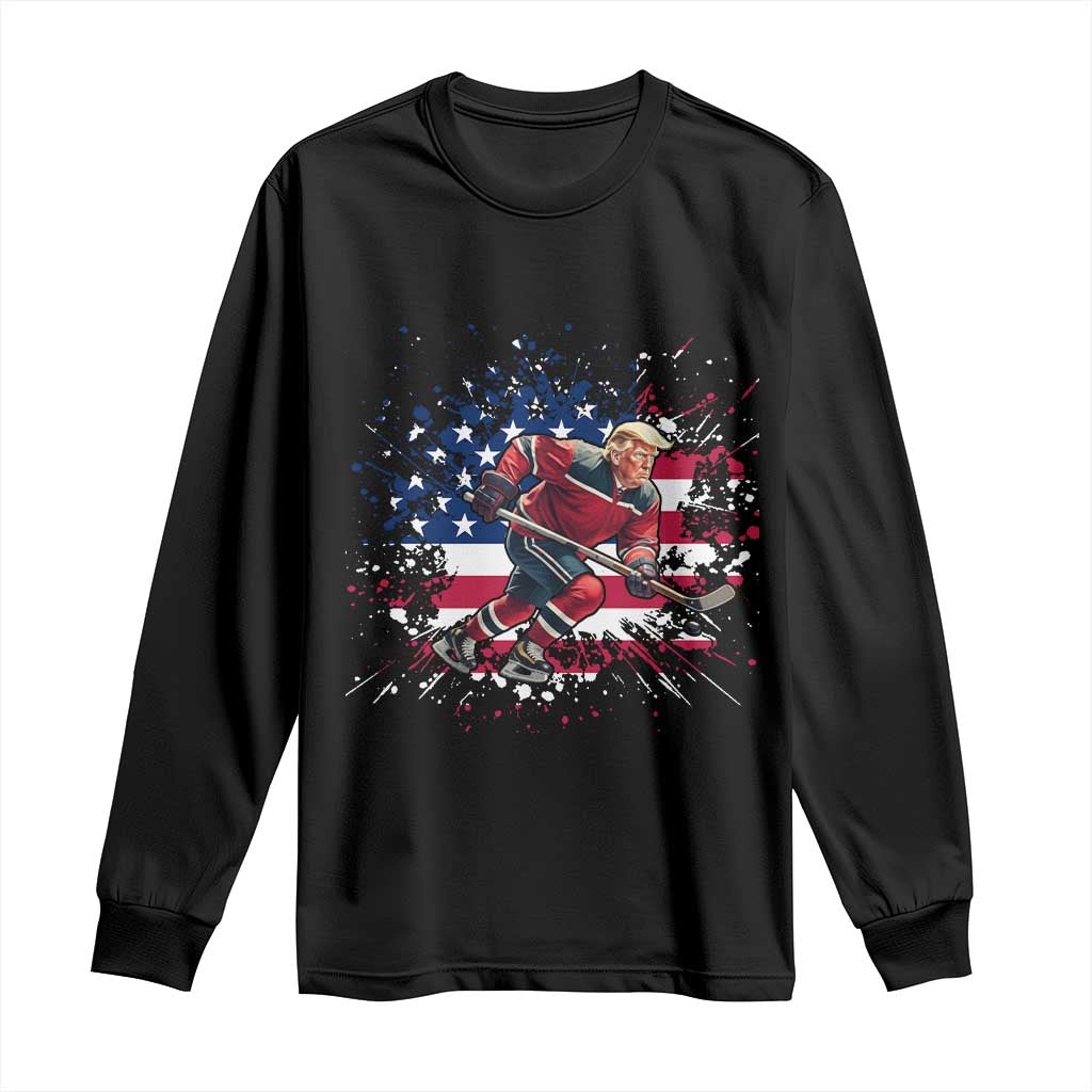 Funny Trump Playing Ice Hockey Long Sleeve Shirt Funny Patriotic Gift TS12 Black Print Your Wear