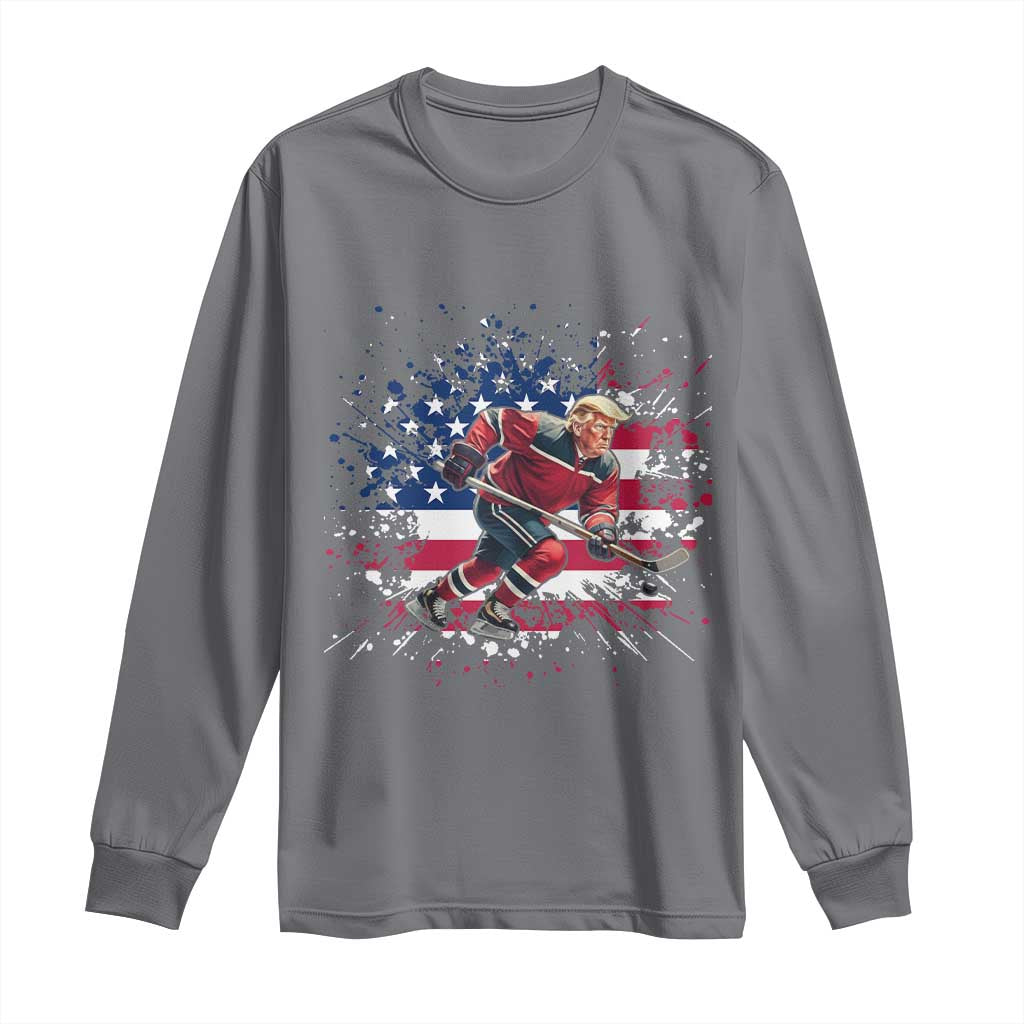Funny Trump Playing Ice Hockey Long Sleeve Shirt Funny Patriotic Gift TS12 Charcoal Print Your Wear