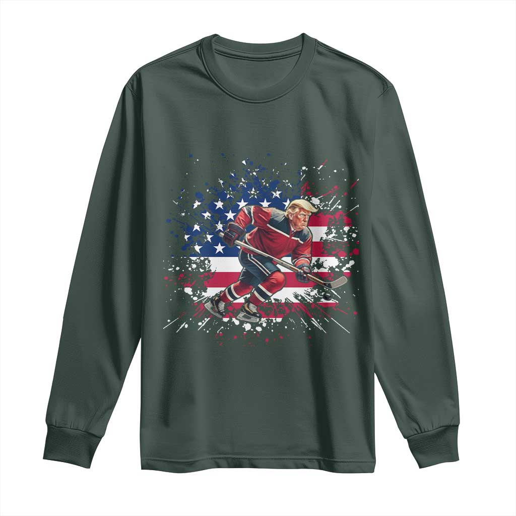 Funny Trump Playing Ice Hockey Long Sleeve Shirt Funny Patriotic Gift TS12 Dark Forest Green Print Your Wear