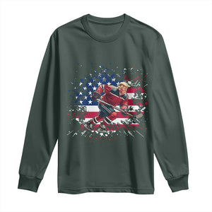 Funny Trump Playing Ice Hockey Long Sleeve Shirt Funny Patriotic Gift TS12 Dark Forest Green Print Your Wear