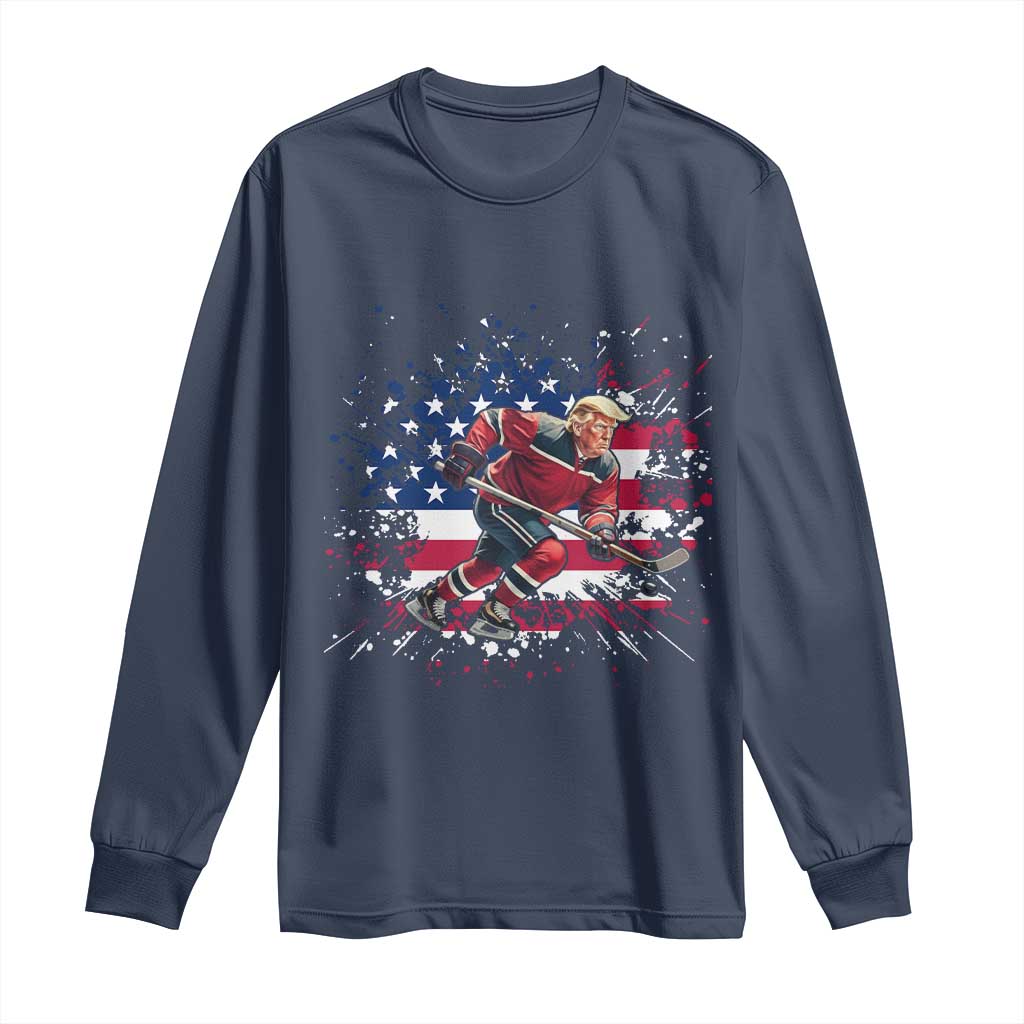 Funny Trump Playing Ice Hockey Long Sleeve Shirt Funny Patriotic Gift TS12 Navy Print Your Wear